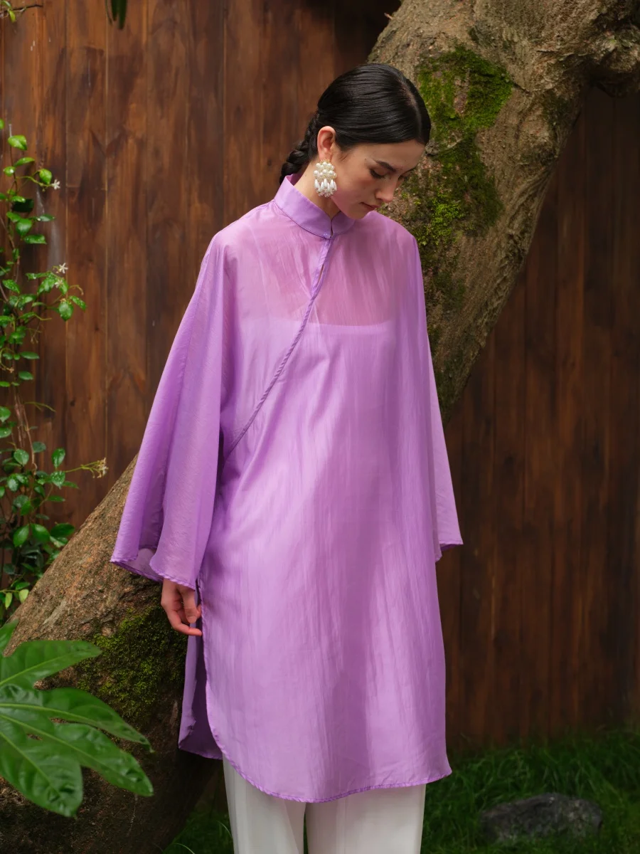 

Loose Fit Long Sleeve Stand Collar Purple Top Chinese Zen Style Tea Costume Casual Chinese Style Shirt Women's Fashion