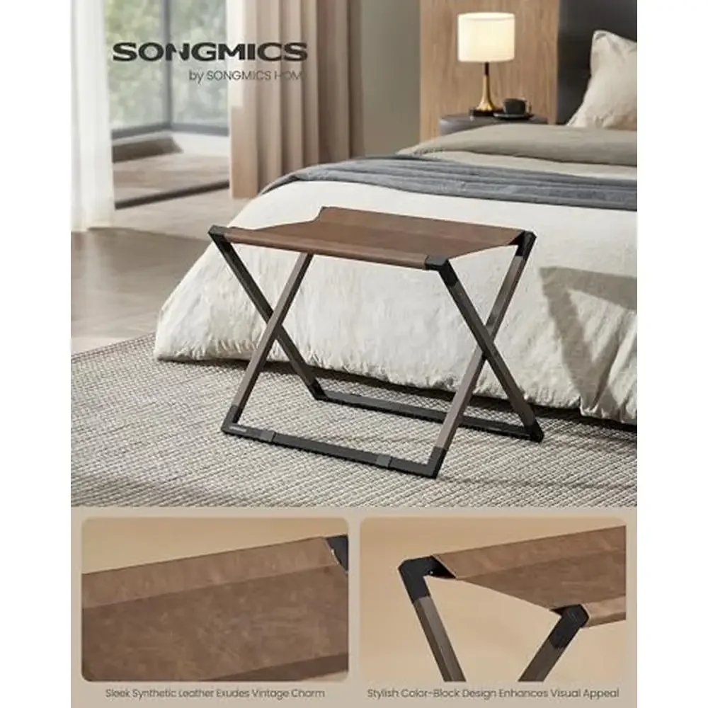 Foldable Luggage Rack Set of 2 Metal Suitcase Stands with Synthetic Leather Shelf Easy Assembly Hotel Guest Room Storage