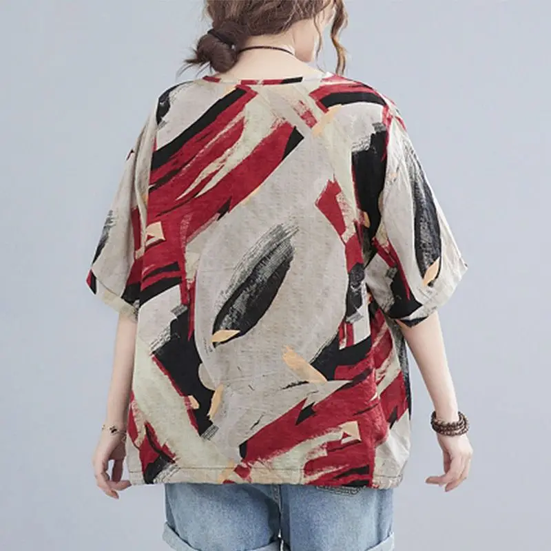 Women Summer Fashion Loose Vintage Printing Cotton and Linen V-neck Short Sleeve T-Shirt Ladies Casual Appear Thin Trend Top Tee