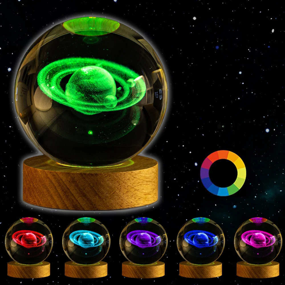 3D Saturn Crystal Ball LED Lamp Colorful Wooden Base Night Light Glow Ball Color Changing Light Valentine's Day Birthday Gift