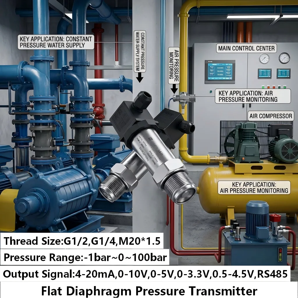 0-250mbar Flat Diaphragm Pressure Transmitter 4-20mA 0-10V 1Mpa 10Mpa Milk Glue Tank Sanitary Food Grade Flush 30kpa 1Mpa Sensor