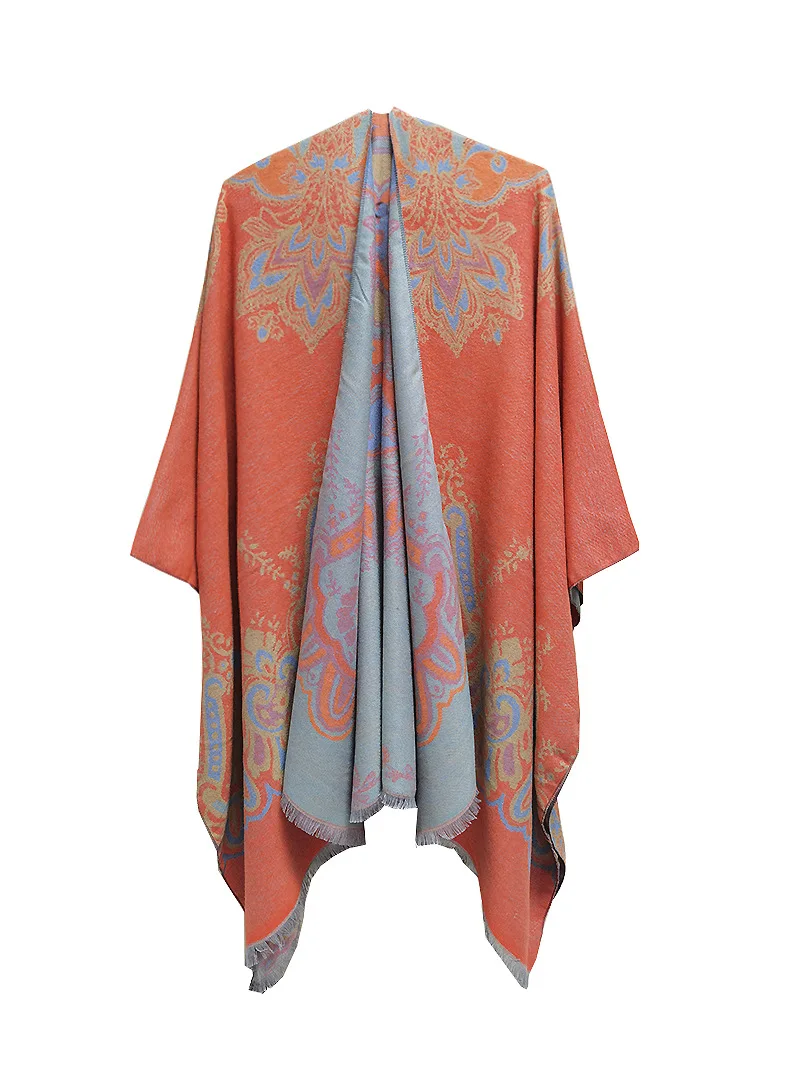 Spring Autumn Flower Jacquard Ethnic Style Tourism Split Tassel Shawl Women  Air Conditioner Poncho Lady Capes Pink Cloaks