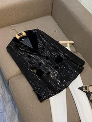 Black Sequined Blazer Women Autumn Double Breasted Button Glitter Sequined Long Party Club Jacket Blazers Women 2023 New