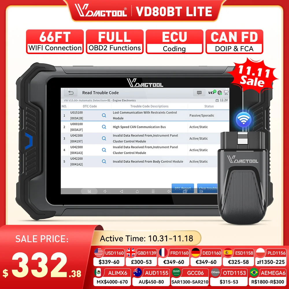 VDIAGTOOL VD80BT LITE Car Diagnostic Scanner AI Assisted 28+ Resets Wireless ECU Coding All System Bi-Directional Scanner FCA