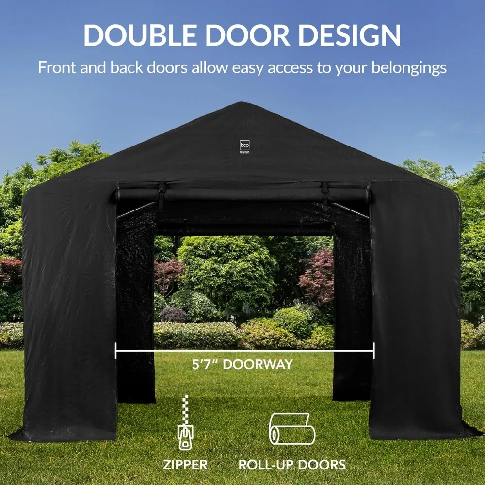 

10x8ft Outdoor Storage Shed, Carport, Canopy Shelter, Dual Doors & Windows, Metal Frame, Weather-Resistant,