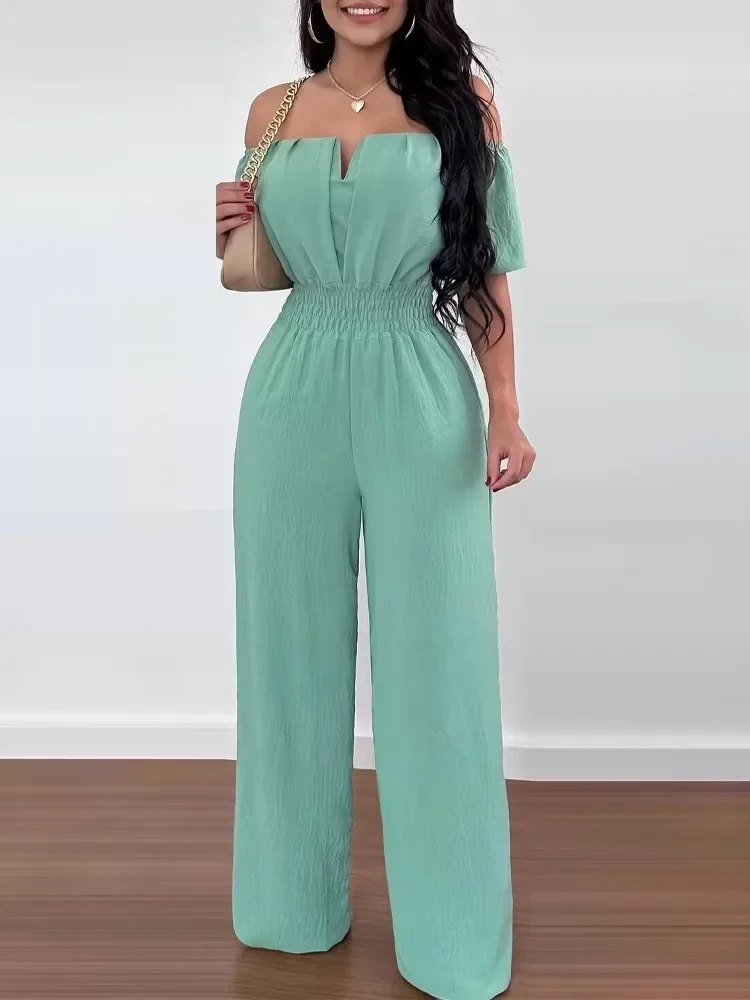 Sexy Solid Off Shoulder Jumpsuit Elegant V Neck Slim Fit Elastic Waist Jumpsuits 2024 New Office Lady Fashion Women Clothing