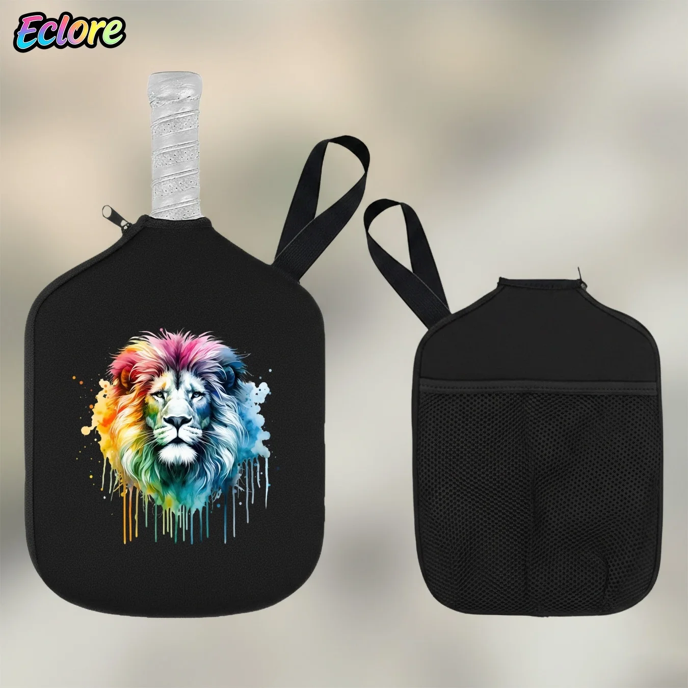 Colorful Watercolor Lion Head Pickleball Paddle Bag with Zipper Closure for Outdoor Sports Lover, Party Game, Table Tennis, view 4