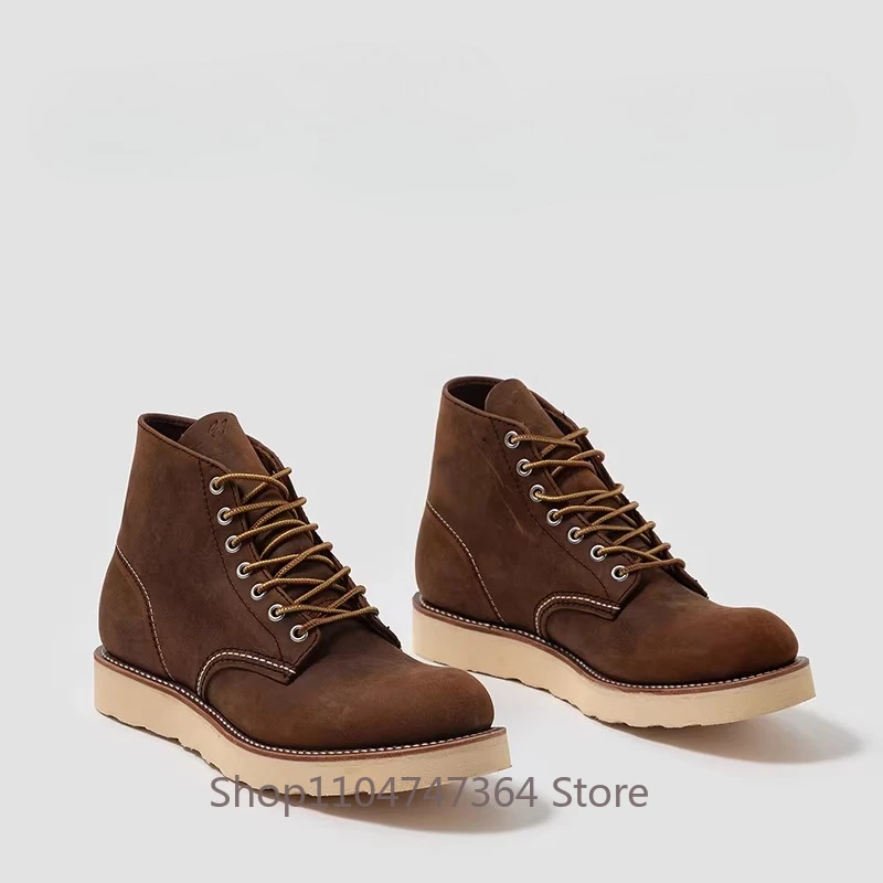Handmade Cowhide Chelsea Western Boots Men's Shoes Platform Thick Sole Casual Outdoor Hiking High Top Motorcycle Boots Male