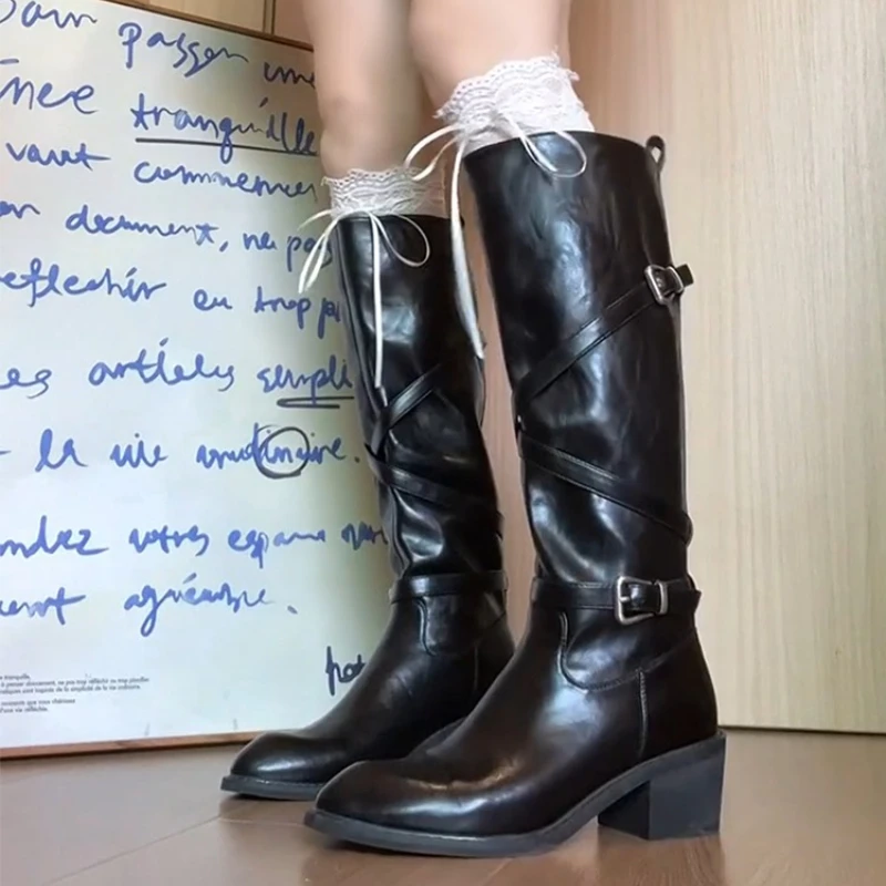 Sepatu Bot Kulit Wanita Kelas Atas, Model Knight, Mewah, Setengah Paha, Desainer, Botas Mujer