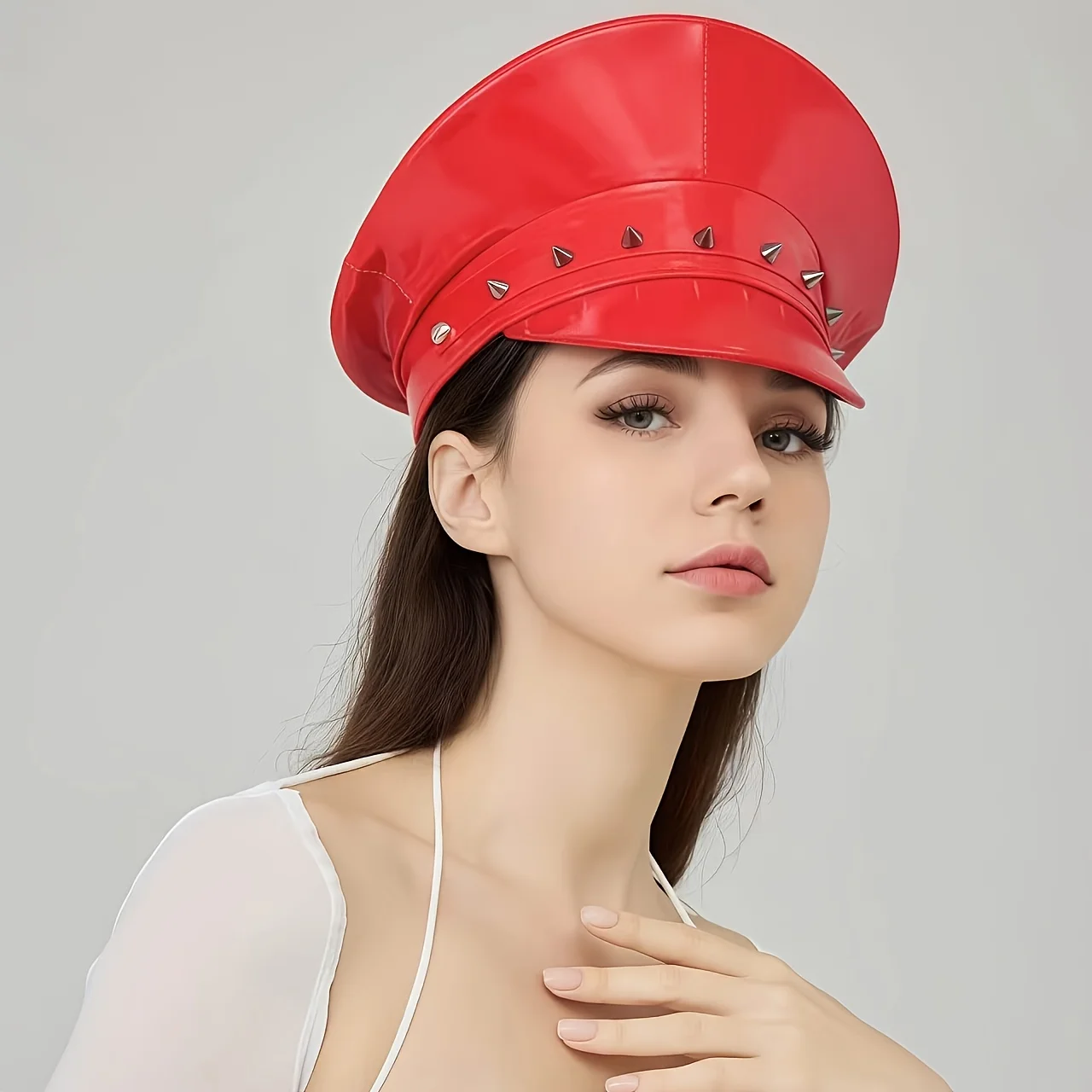 HongLuan  Laser Leather Captain Hat Rhinestone & Military Caps for Woman, Rave Festivals Accessories ＆ Party Cap Man Cosplay Fem