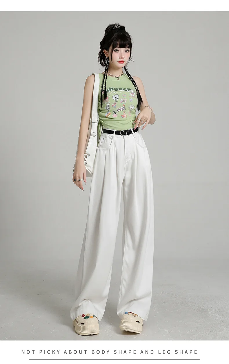 

Popular Korean Style Versatile White Jeans for Female Summer Students New Cotton High Waisted Loose and Elongated Wide Leg Pants