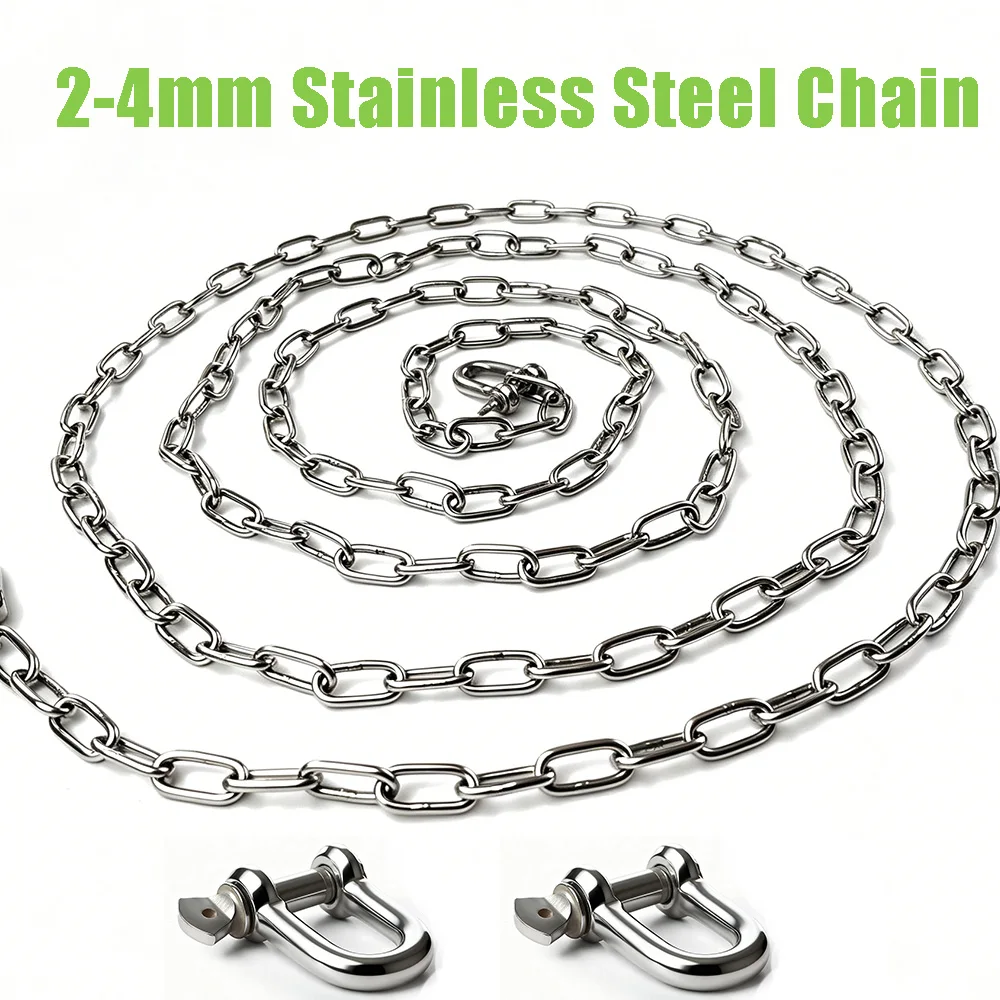 304 Stainless Steel Chain with D-type Shackle 2-4mm Heavy Duty Rustproof Chain for Swing Hammock Pet Leash Clothesline DIY
