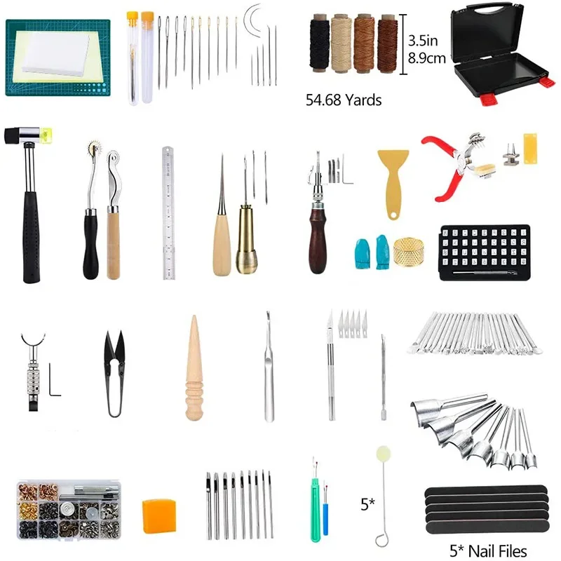 273-Piece New Condition Leather Craft Set Industrial Hammer Pin Buckle Rivets with Cutting Mat for Sewing Tool Kit for Home Use