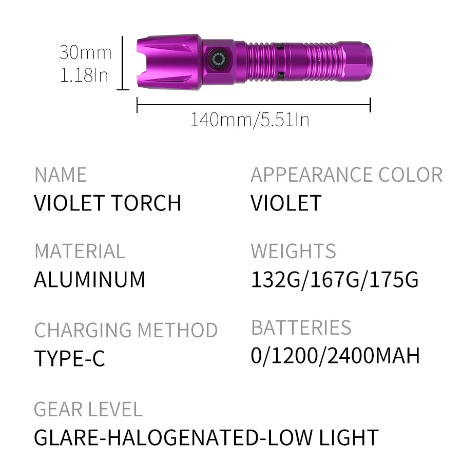 Powerful 365NM UV Flashlight Type-C Rechargeable Waterproof Torch Use 18650 Battery Purple Light for Pet Urine Stains Detector