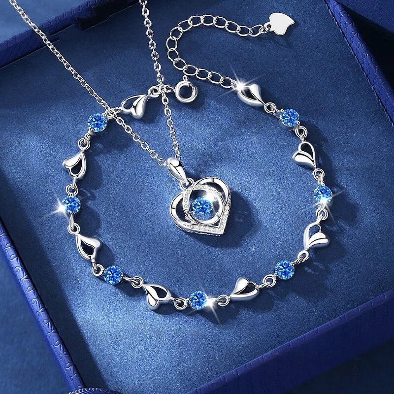 925 Sterling Silver Heart Shaped Necklace Bracelet Set For Women Retro Korean Blue Crystal Jewelry Set Original Party Jewelry