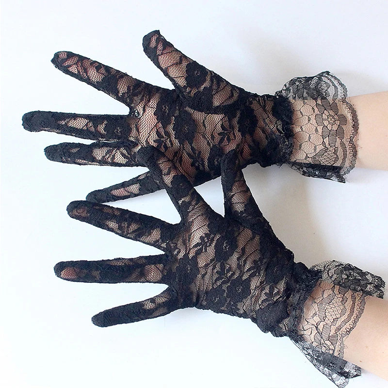 Women Sheer Short Lace Gloves Sexy Party Wedding Gloves Mesh Thin Floral Full Finger Mittens Summer UV-Proof Wrist Glove