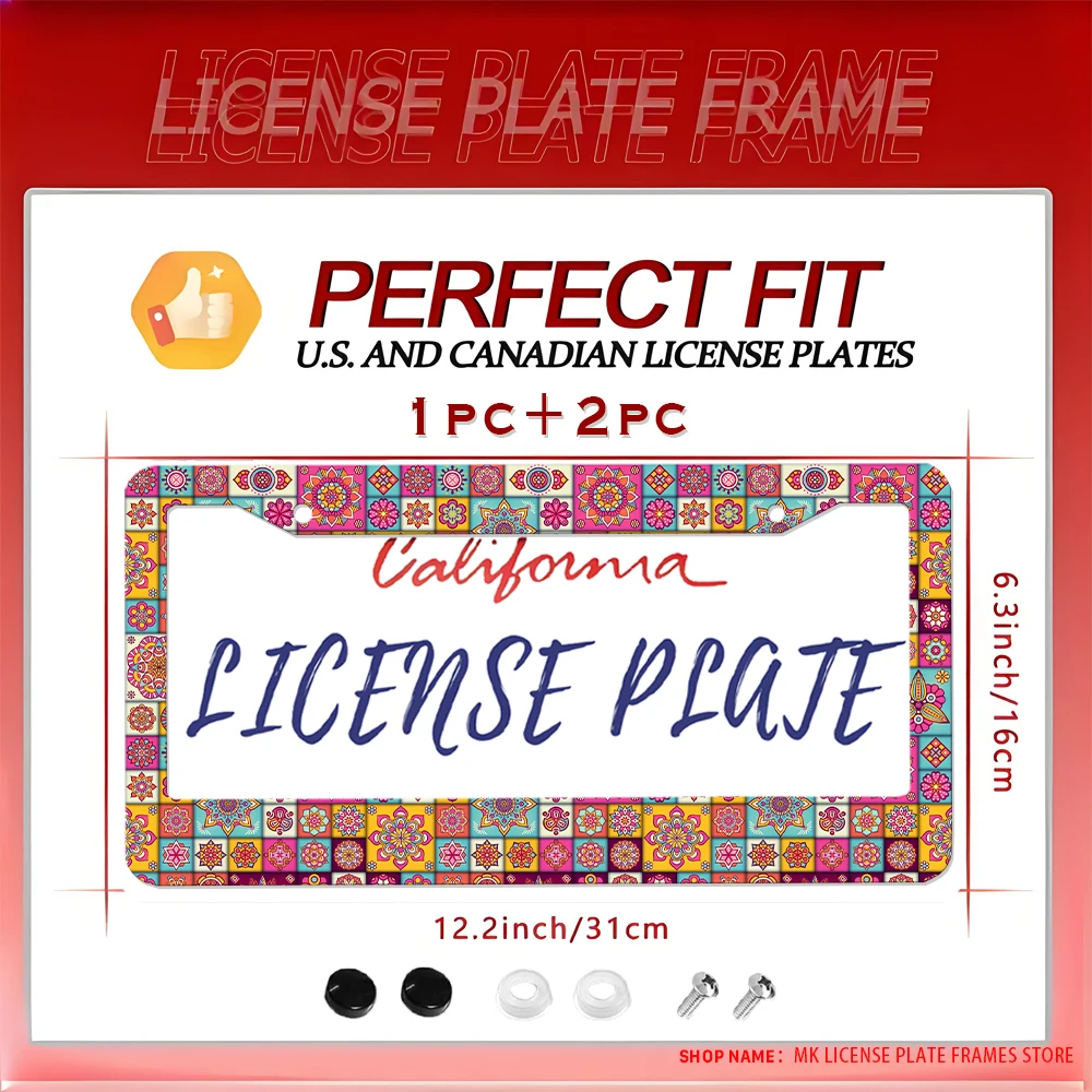 

Винтажная и забавная 2-отверстная рамка номерного знака с красочными принтами мандалы, винт в комплекте, украшение автомобиля, идеальный подарок