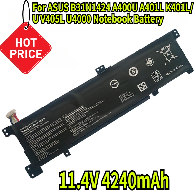 

11.4V 4240mAh Suitable For ASUS B31N1424 A400U A401L K401L/U V405L U4000 Notebook Battery