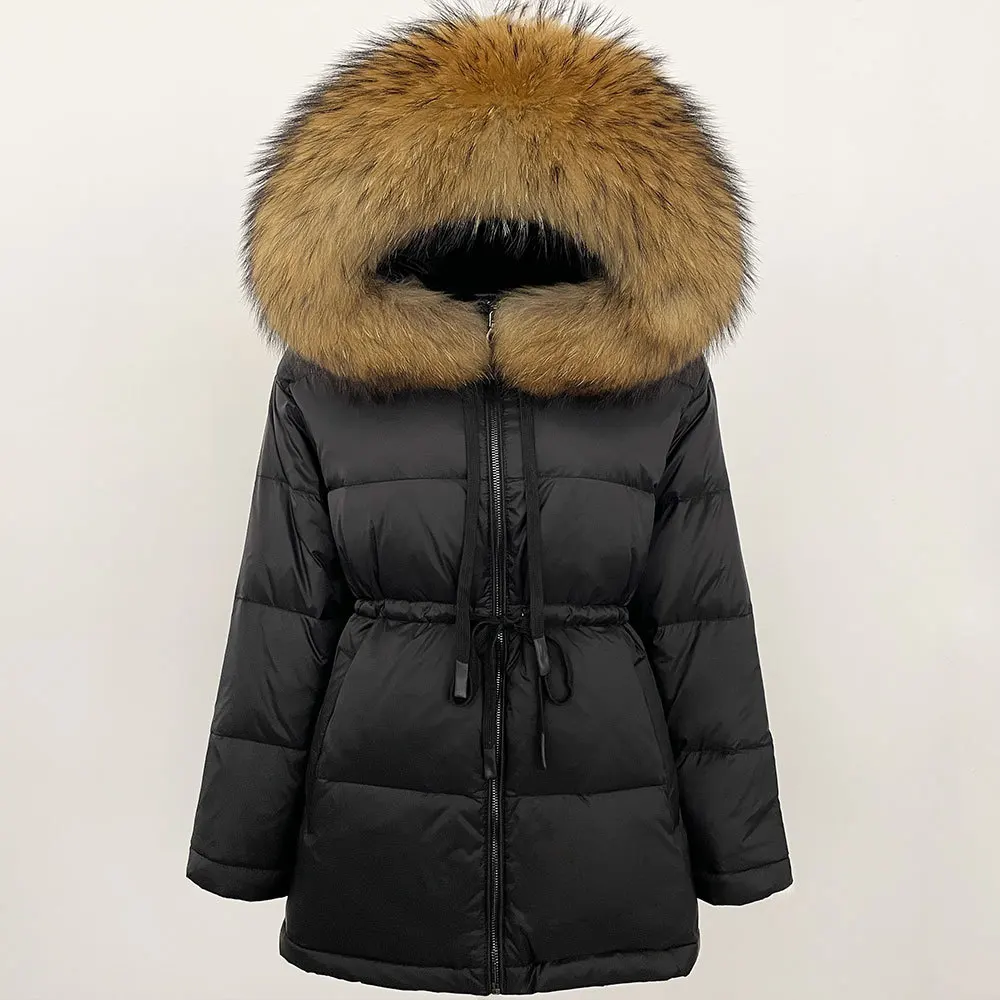 Neue Echt Waschbären Pelz Frauen Winter Puffer Jacke Verdicken Flauschigen Warme Parka Frauen Taille Versenkbare Ente Unten Wasserdichte Mantel