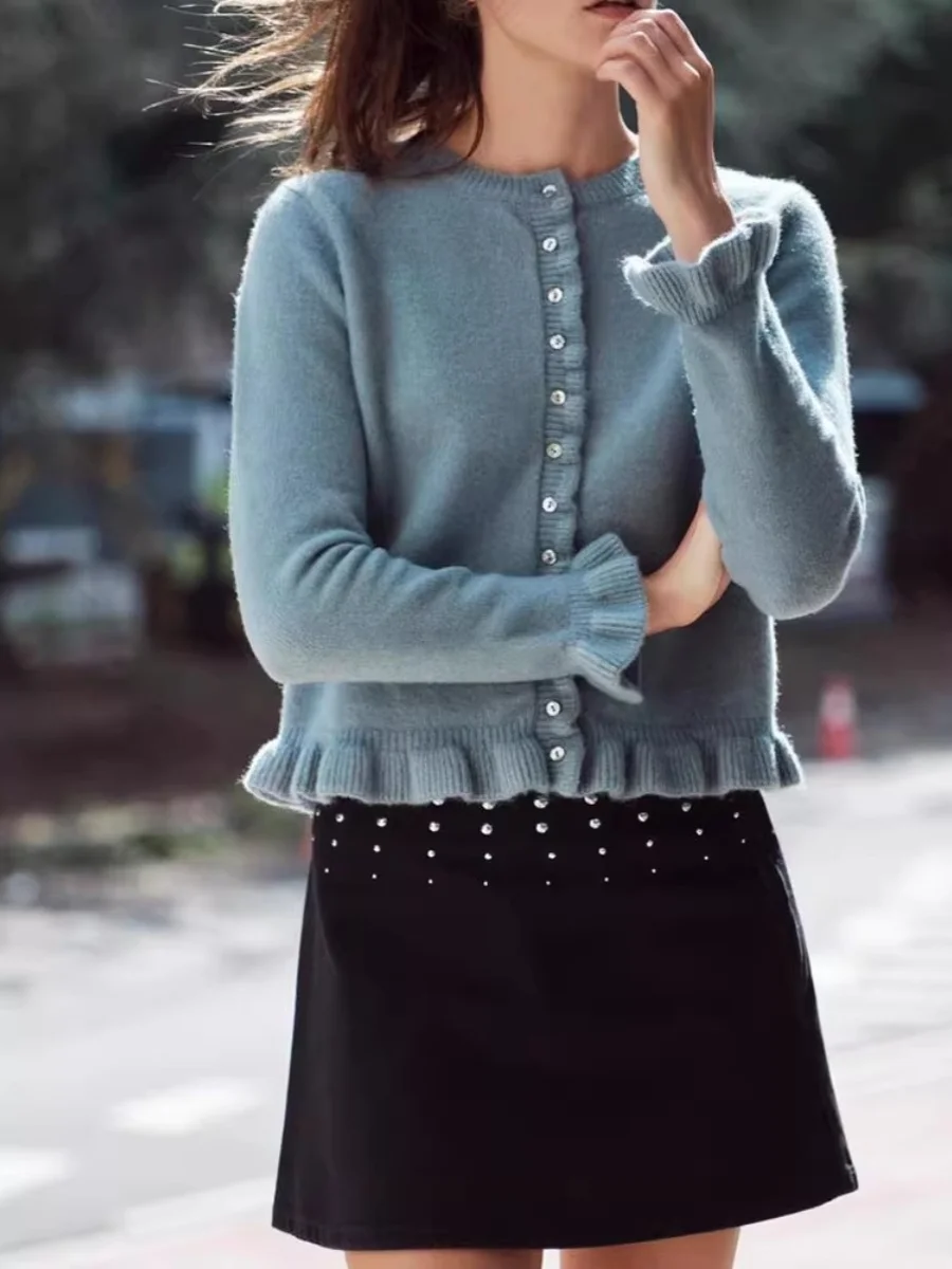 Otoño Invierno nuevo Sle mujer versátil capas decorativas redondas Ne Long Sve ort tejido cárdigan abierto abrigo dulce Sle