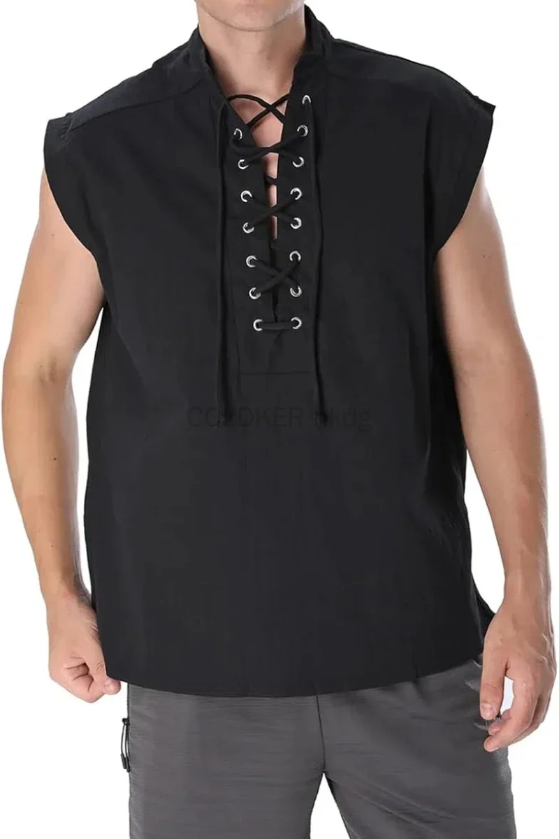 

Men's Casual Shirt Black Green Steampunk Gothic Tank Tops Medieval Shirt Lace-Up Sleeveless Renaissance Pirate Shirts for Men