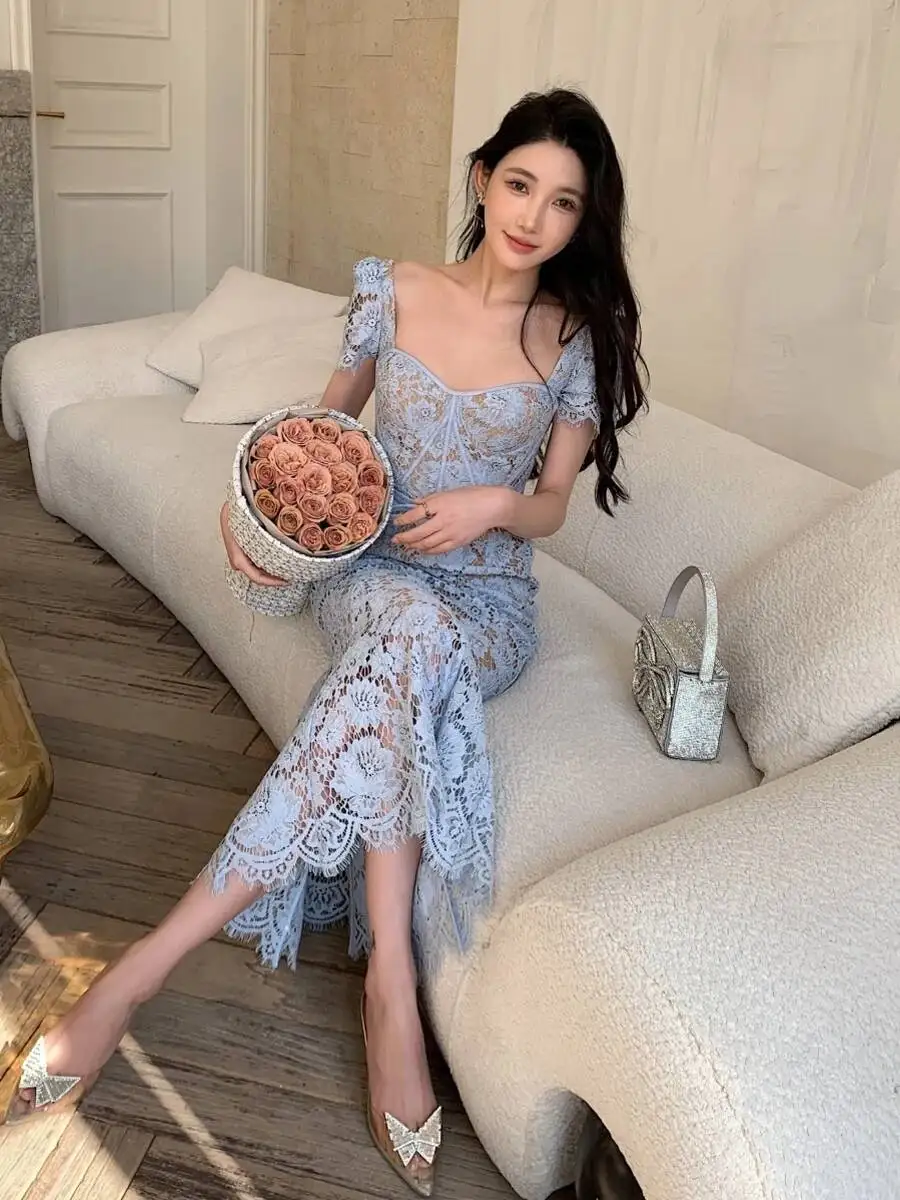 Elegant Blue Lace Evening Dresses Women Summer Holiday Embroidery Hollow Out Belt Short Sleeve Prom Party Fishtail Long Dress