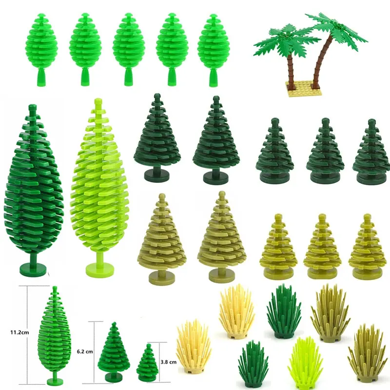 Accesorios de árboles de arbusto de ciudad, bloques de construcción de hierba verde, bloques de plantas espinosas de pino, bloques educativos de ensamblaje de árbol de coco