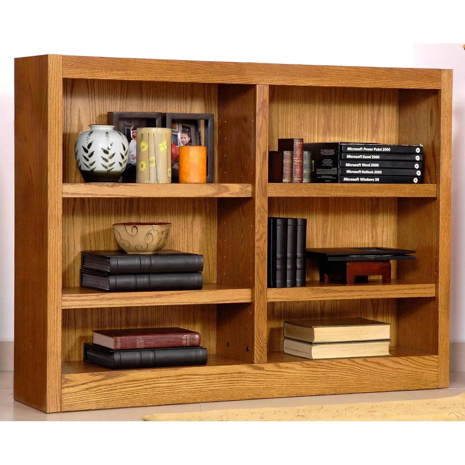 6 Shelf Double Wide Wood Bookcase 36 Inch Tall Storage Display Office Home Oak, Customized