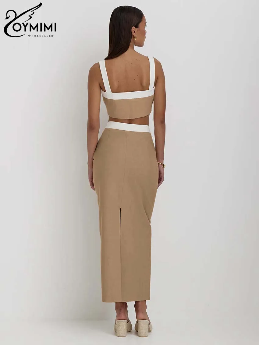 Oymimi Eleagnt Khaki Cotton 2 Piece Sets Women Outfit Fashion Slip Patchwork Crop Tank Tops And High Waist Straight Skirts Sets