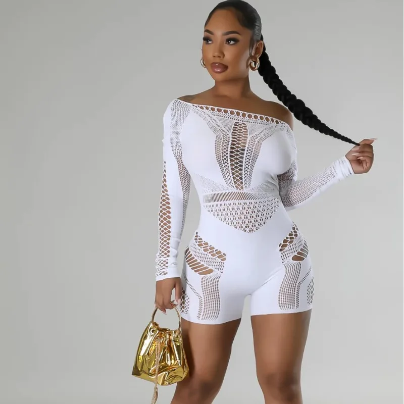 Sexy See Through Women Rompers Solid Long Sleeve Playsuits 2024 Summer Outfits Hollow Out Night Club Party One Piece Overalls