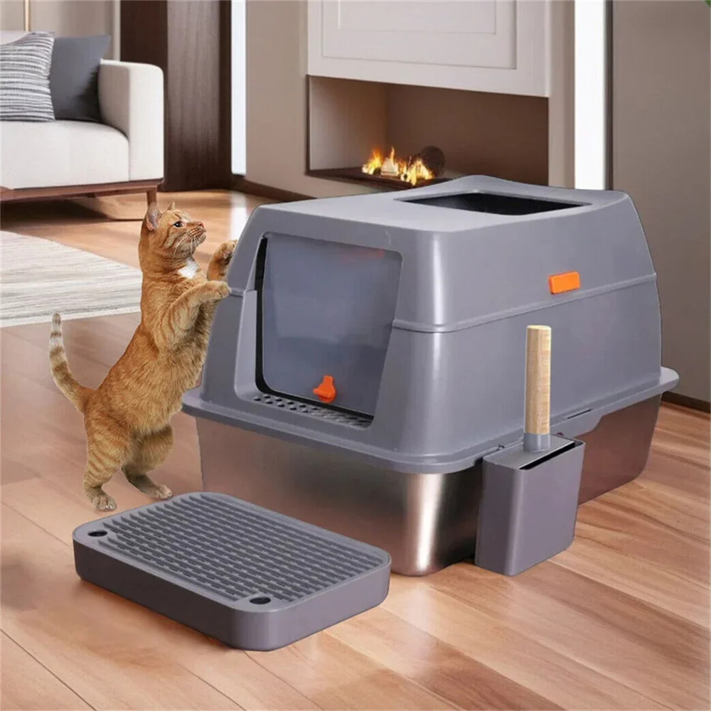 XXL Stainless Steel Cat Litter Box with Lid Large Litter Pan High Wall Side Easy Cleaning Toilet view 2