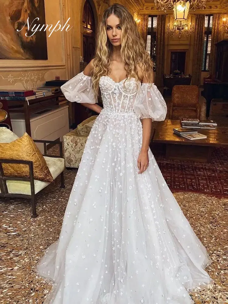 Boho A Line Wedding Dresses For Women Floor Length Brides Lace Appliques Puff Sleeves 3D Flowers Robe De Mariee Customized