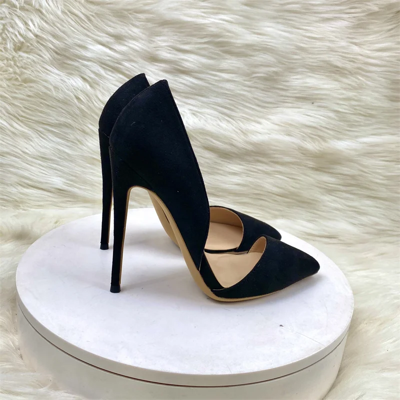 Black Suede Pointy Toe Side Cut High Heel Shoes with Spikes Sexy Suede Slip On Stiletto Pumps for Party Show Wedding