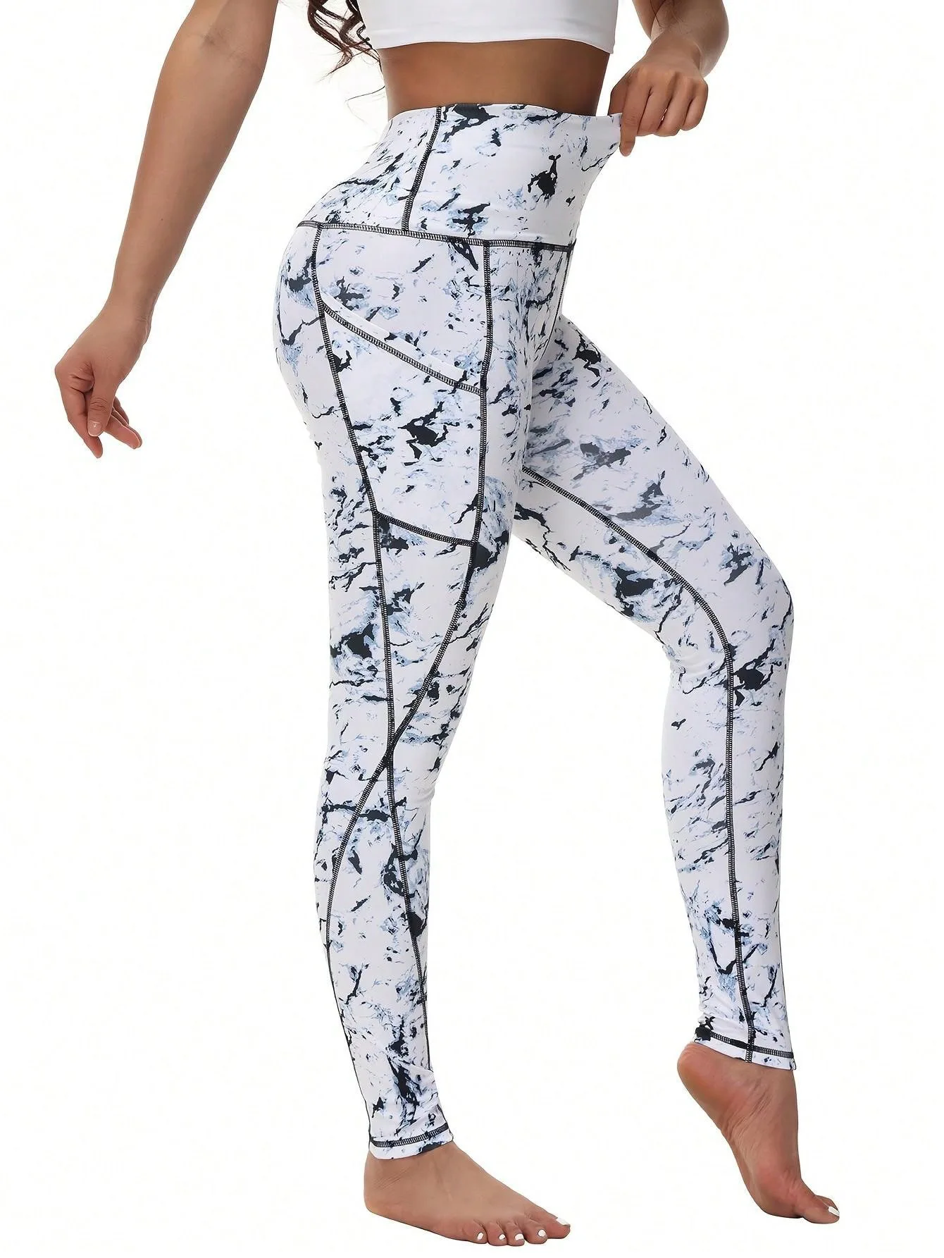 

High-waisted Striped Printed Women's Yoga Leggings With Pockets Tummy Control Sweatpants Running Fitness Pants