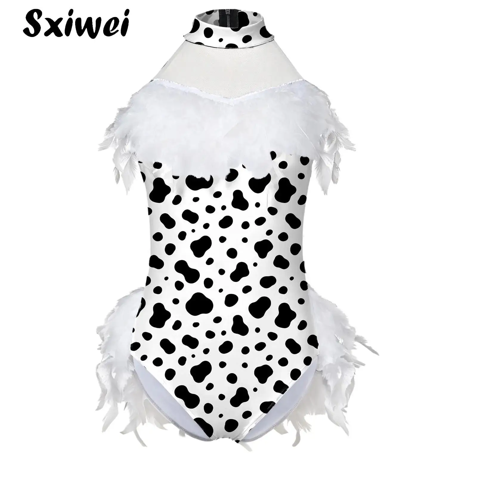 Girls Black Spotted Print Leotard Feather Skirted Leopard Ballet Jumpsuit Gymnastics Unitard Halloween Cave Dalmatian Costumes