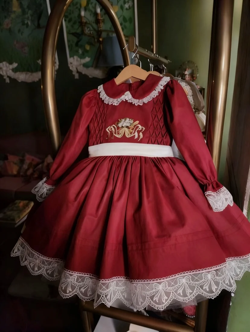 0-12Y Baby Girl Autumn Flower Bow Embroidery Lace Long Sleeves Red Dress for Birthday Photography Holiday Christmas C306