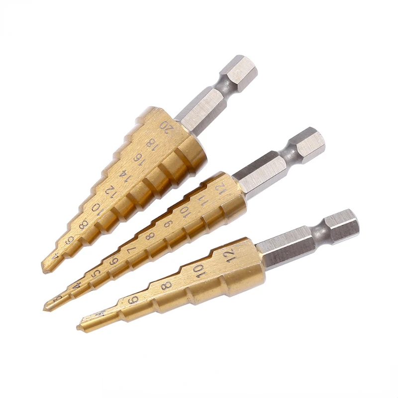 HSS Steel Titanium Step Drill Bit Hand Tools 3-12 4-12 4-20 4-32mm Step Cone Cutt Woodworking Wood Metal Drill Bit