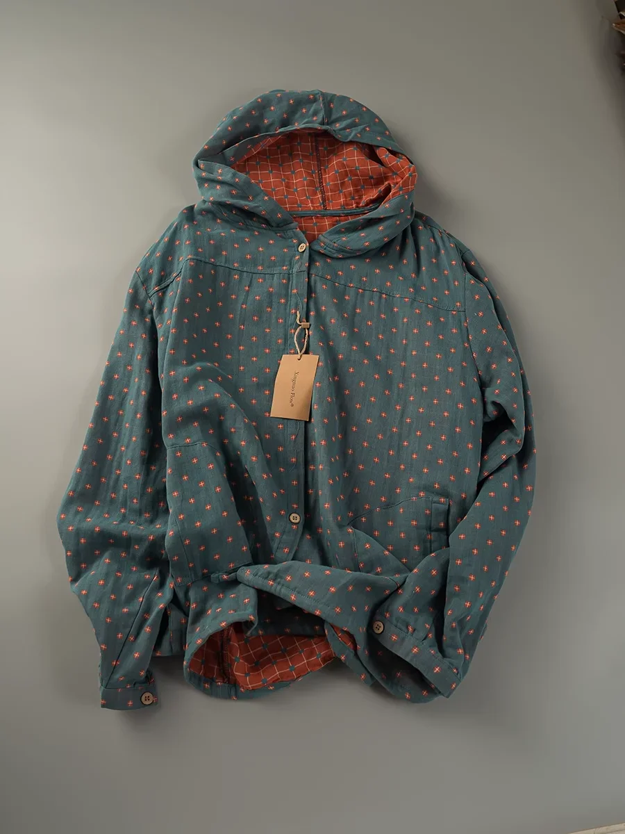 Women 100% Cotton Yarn Plaid Hooded Shirts Spring Autumn Casual Oversized Loose Blouse Classic Daily Hoodie Tops Soft Touch
