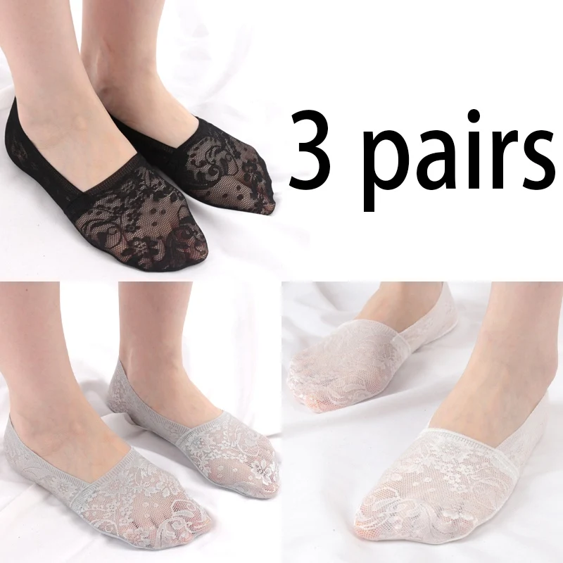 3 Pairs Women Girls Summer Thin Breathable Silicone Non-slip Ladies Socks Lace Flower Short Sock Antiskid Invisible Ankle Socks