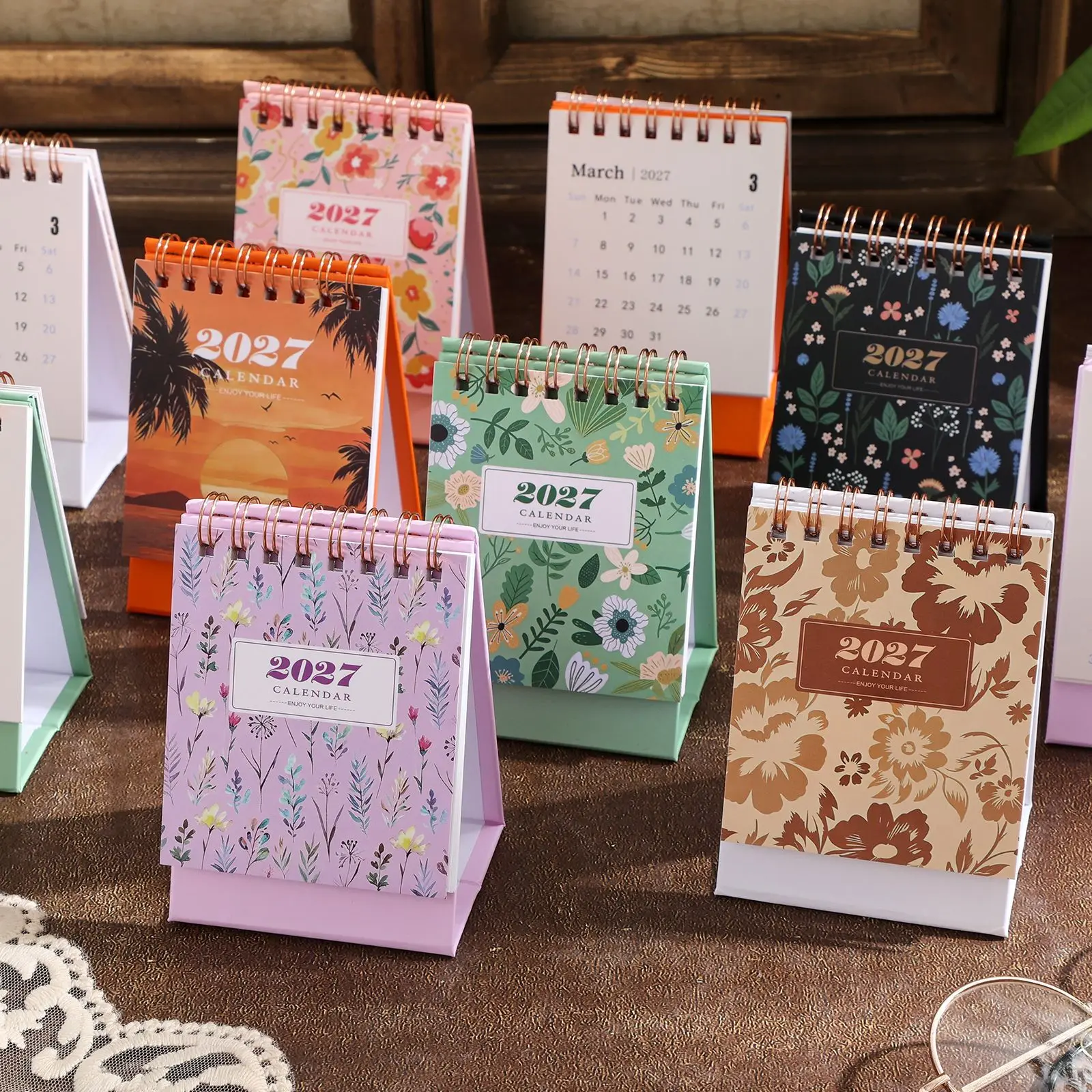 Blooming Flowers Mini Calendar Books 2027 New Year English Desk Calendar Simple Coil Portable Desktop Calendar For School Office