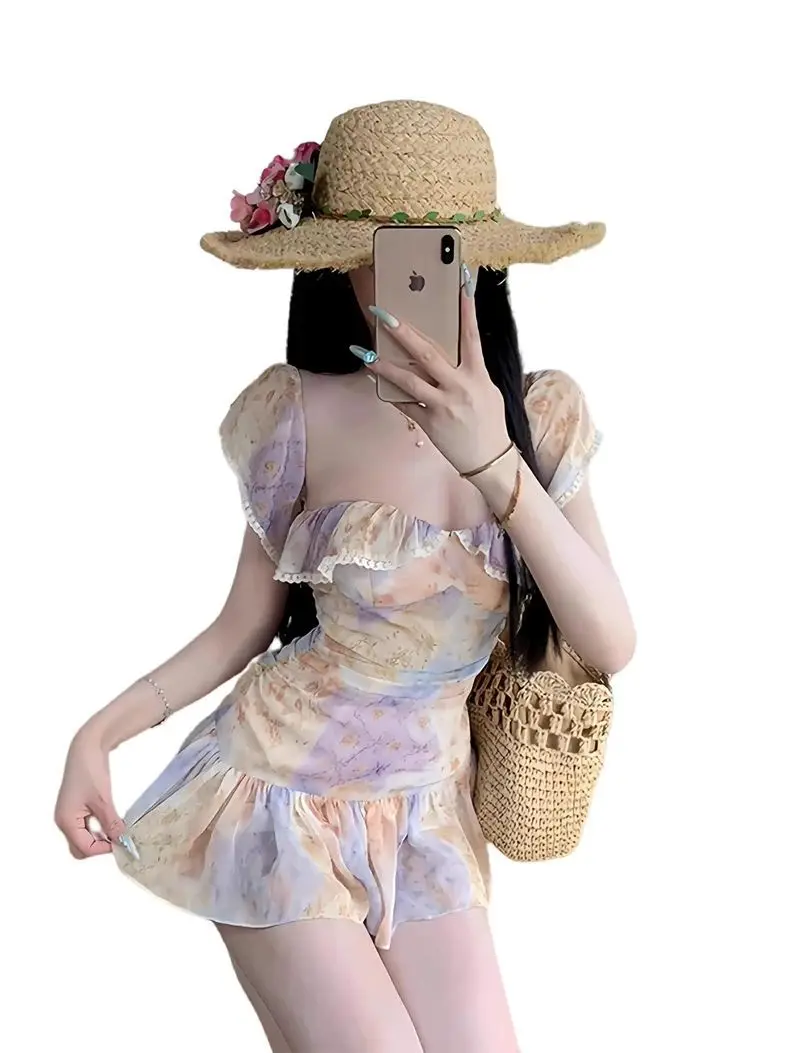 Vestido floral feminino manga plissada vestido de impressão floral verão estilo doce pescoço quadrado chiffon mini vestido praia férias outfit 2025