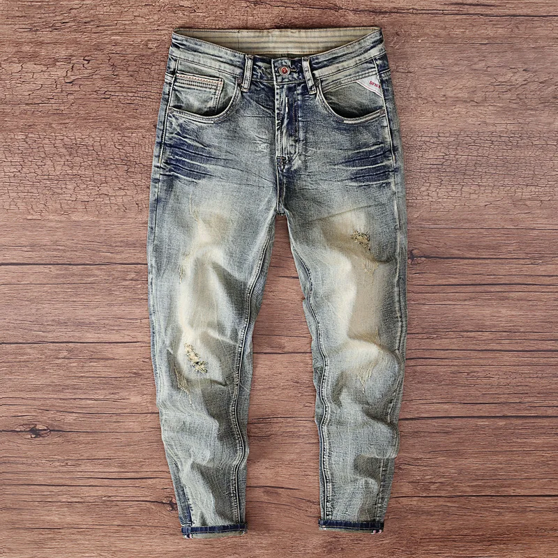 Spring and Autumn High end Jeans for Men, Retro, Rascal, Handsome, Piercing, Trendy, Slimming, Small Foot Pants