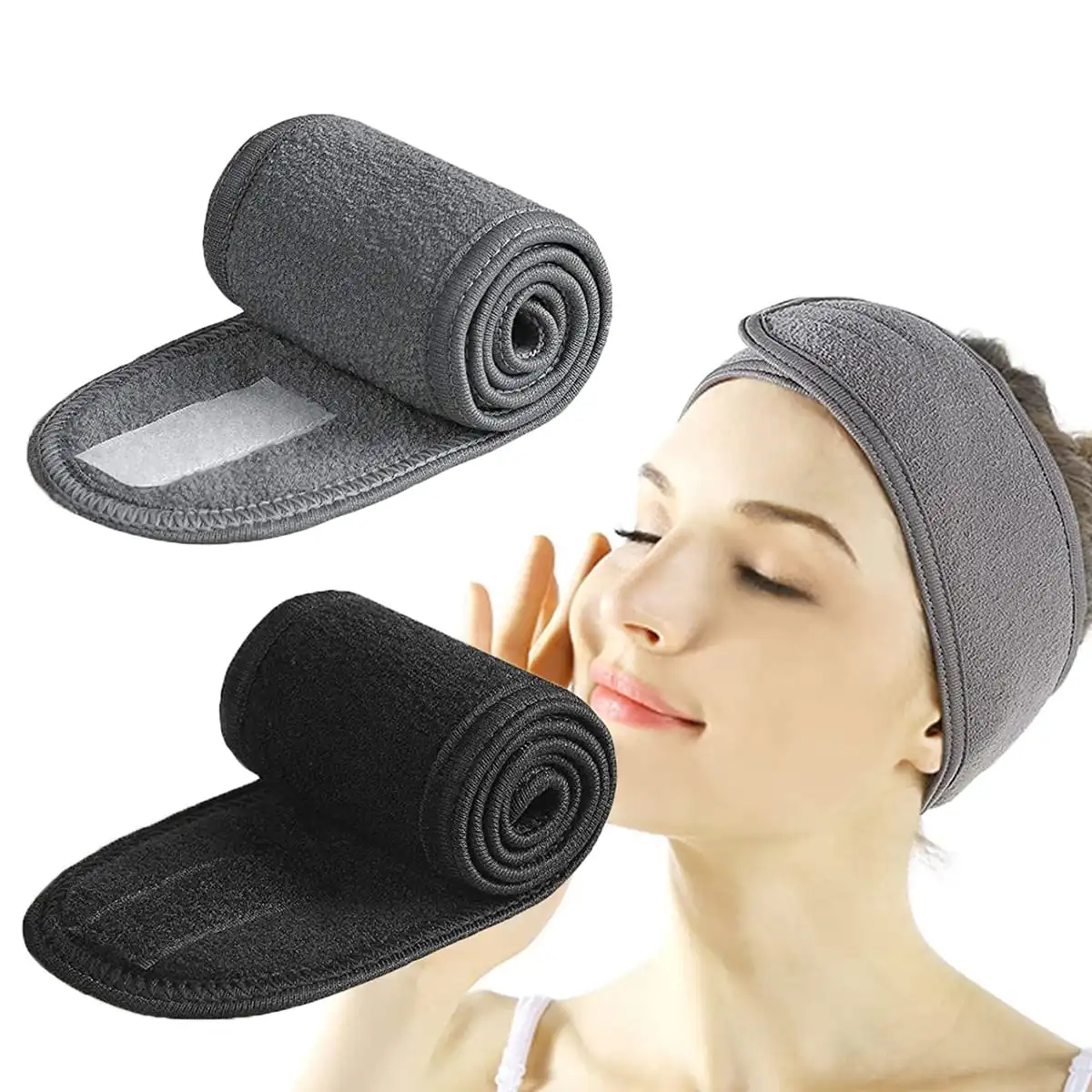 2PcsSoft Spa Headband for Women, Adjustable Velcro Facial Headbands, Absorbent Terry Cloth Hair Bands for Face Washing, Skincare