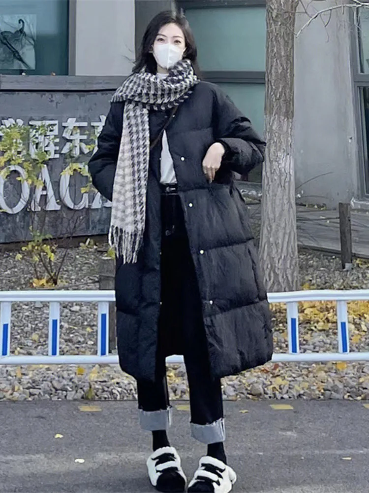 

Winter Thiened Long White Du down Jaet Korean Sle Stand Collar Bread ape Coat for ort Women Medium Length