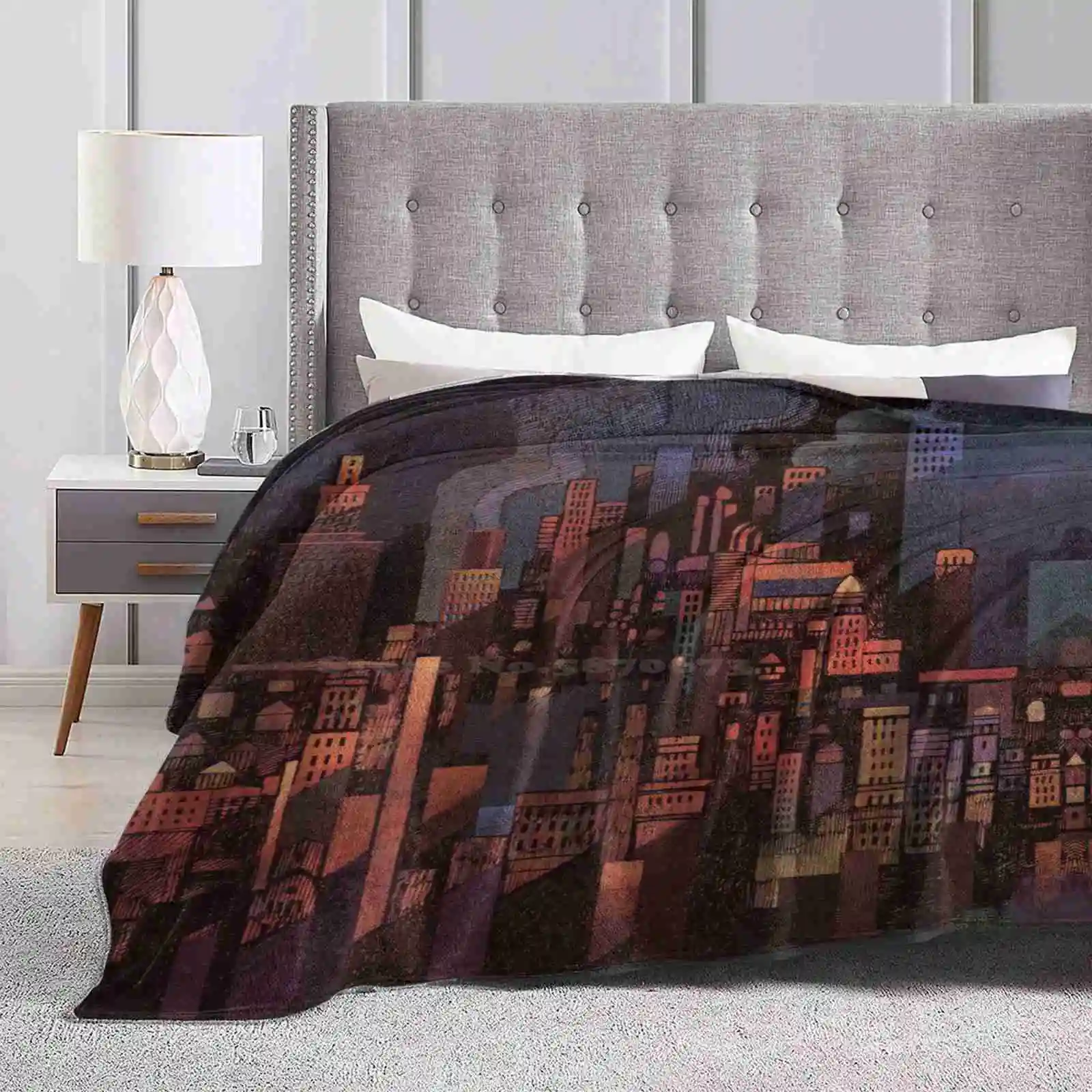 Dark City Creative Design Comfortable Warm Flannel Blanket City Dark Sunset Urban Fantasy Skyscrapers Orange Smoke