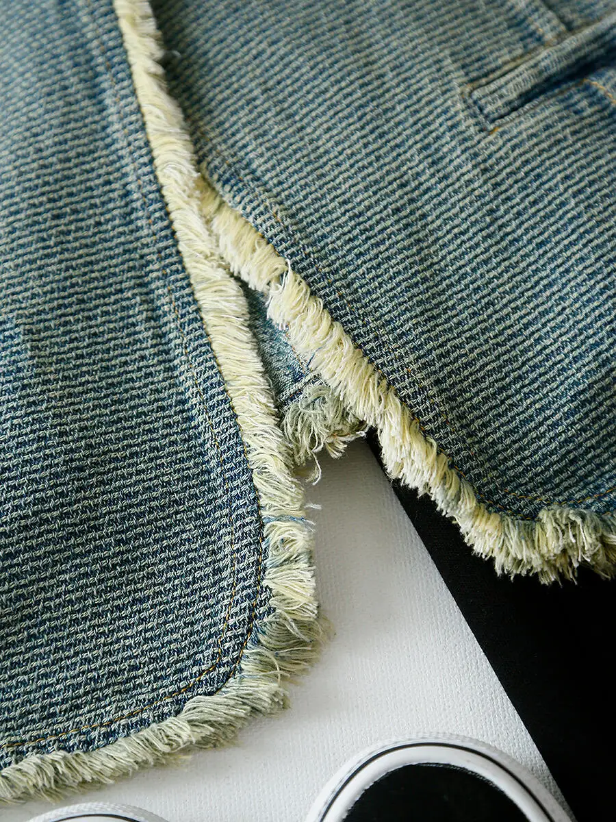 Faionable américain Sle femmes Denim gilet automne hiver nouveauté côté boutonné Svel gilet avec effiloché s