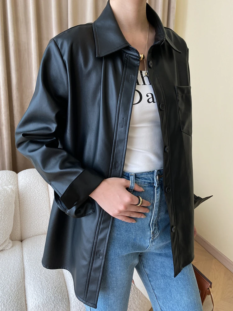 Vintage Loose Women's Leather Jacket Spring Autumn 2024 Trend Single Breasted Design Solid Simple Shirt PU Leather Coat