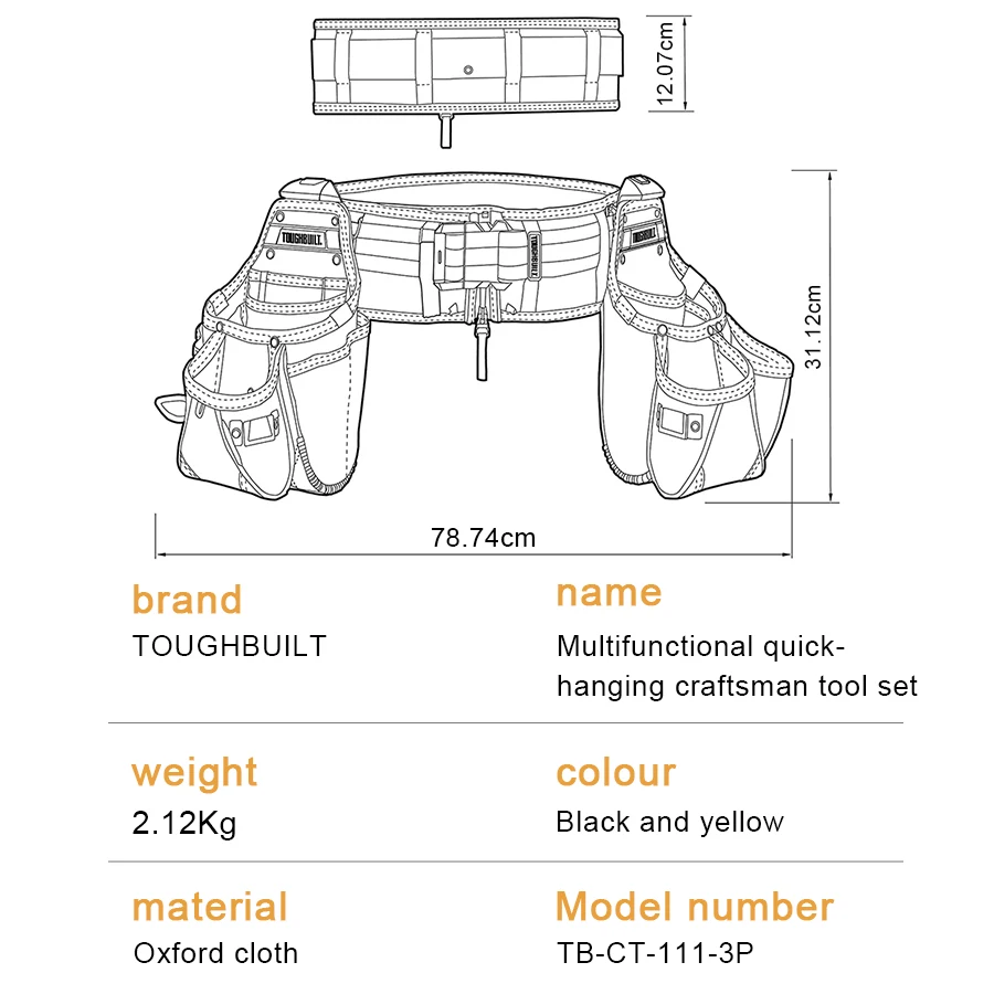 TOUGHBUILT TB-CT-111-3P Tool Bag Belt Set 3Pcs  (2 large tool pockets+1widened belt) Quick Hang Tool Multifunction Tool Belt Set
