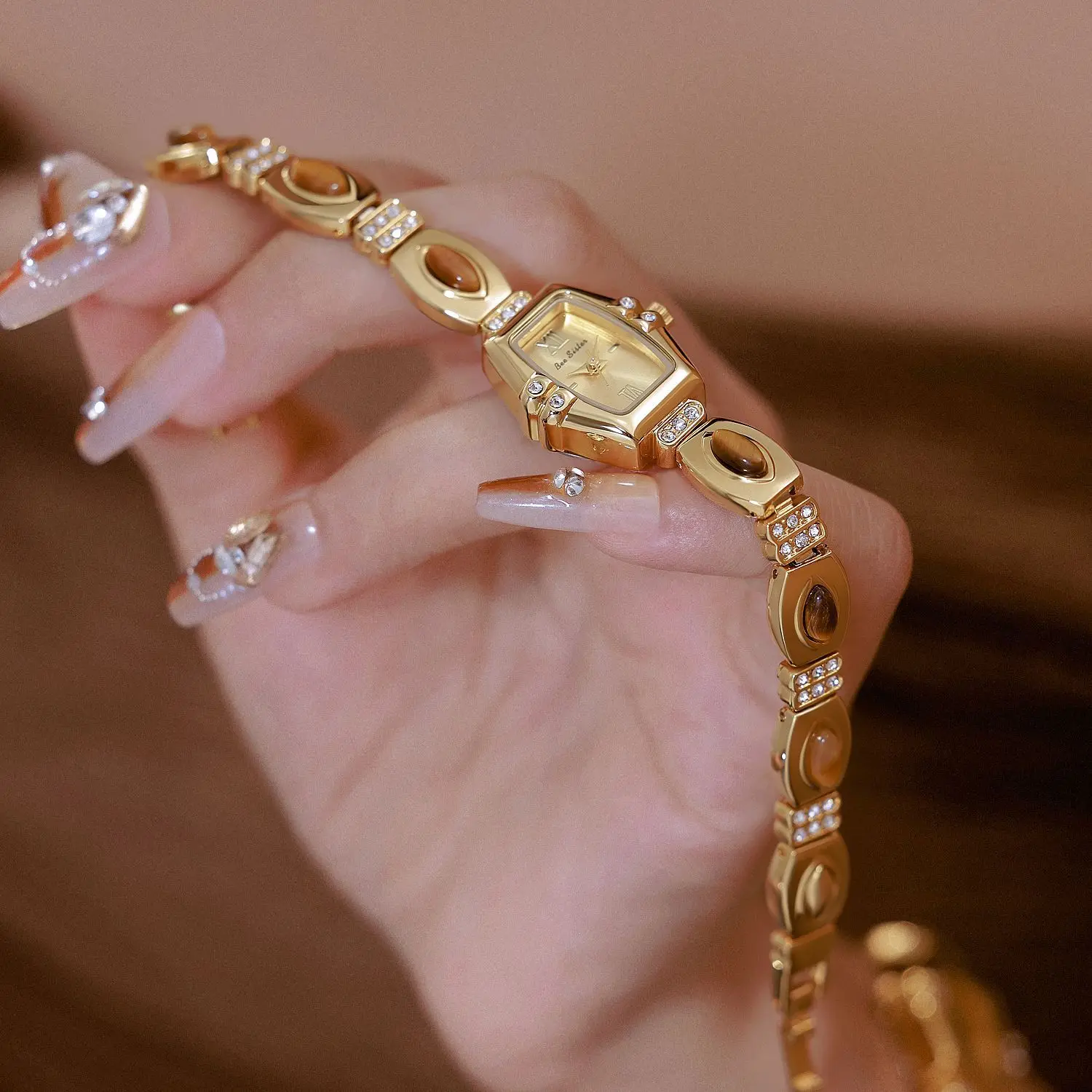 ساعة يد نسائية أنيقة، ساعة راقية بتصميم فرنسي مع حجر عين النمر الطبيعي، ساعة كوارتز عصرية. #3