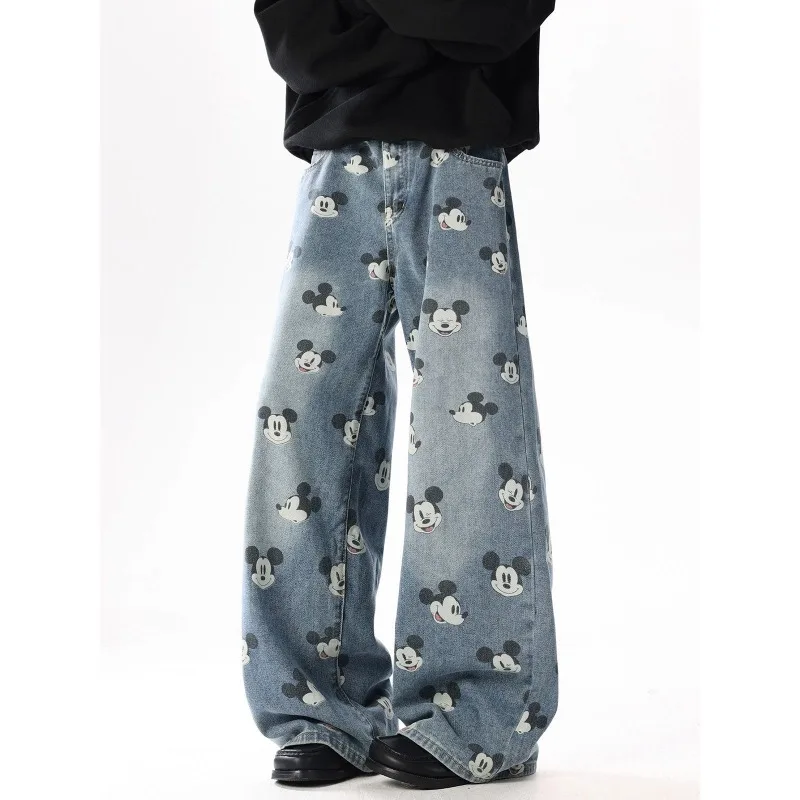 

y2k Officially Licensed Disney American Vintage Mickey Print Jeans Men Loose Straight Washed Distressed Wide Leg Scooped Pants